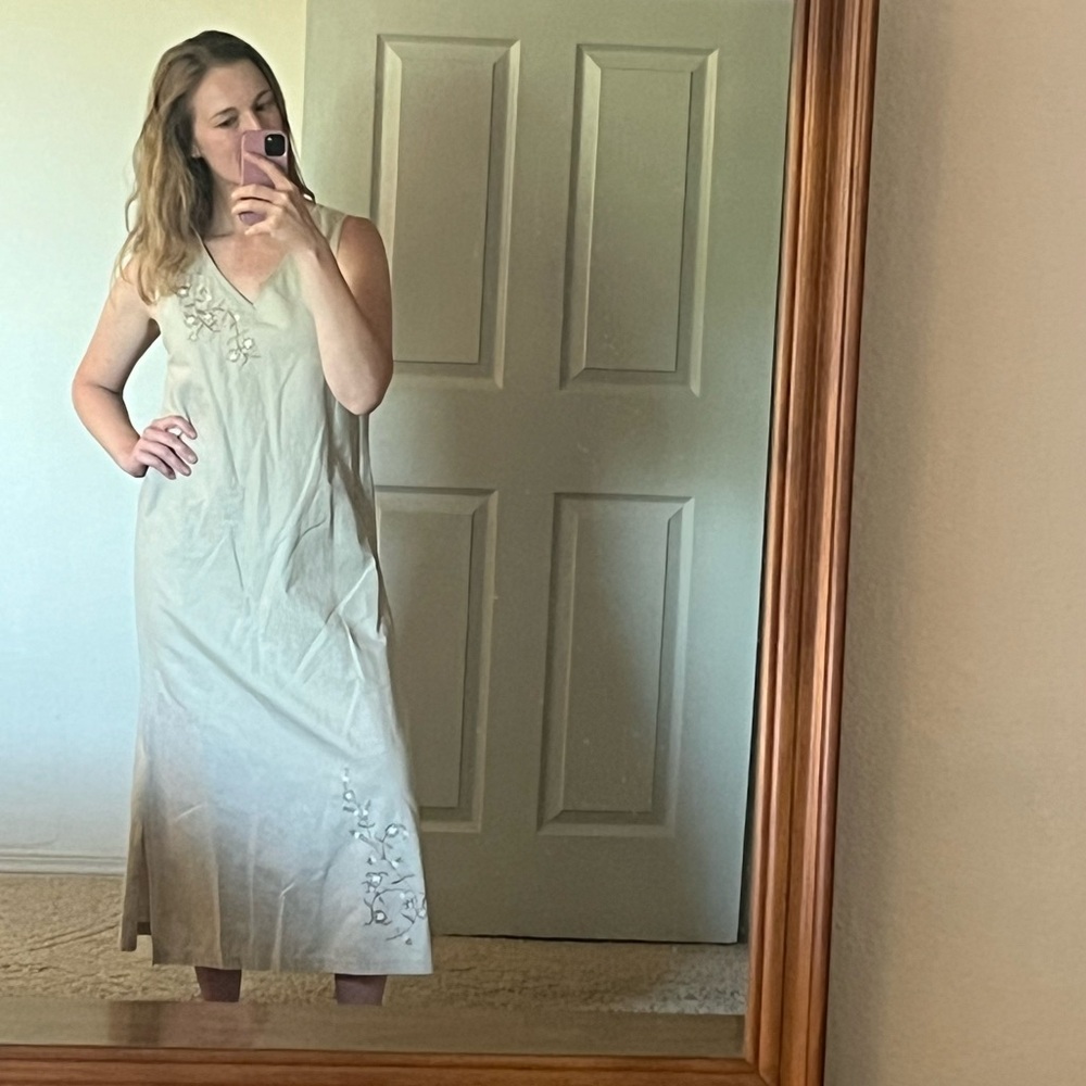 Linen Sheath Midi Dress, Embroidered